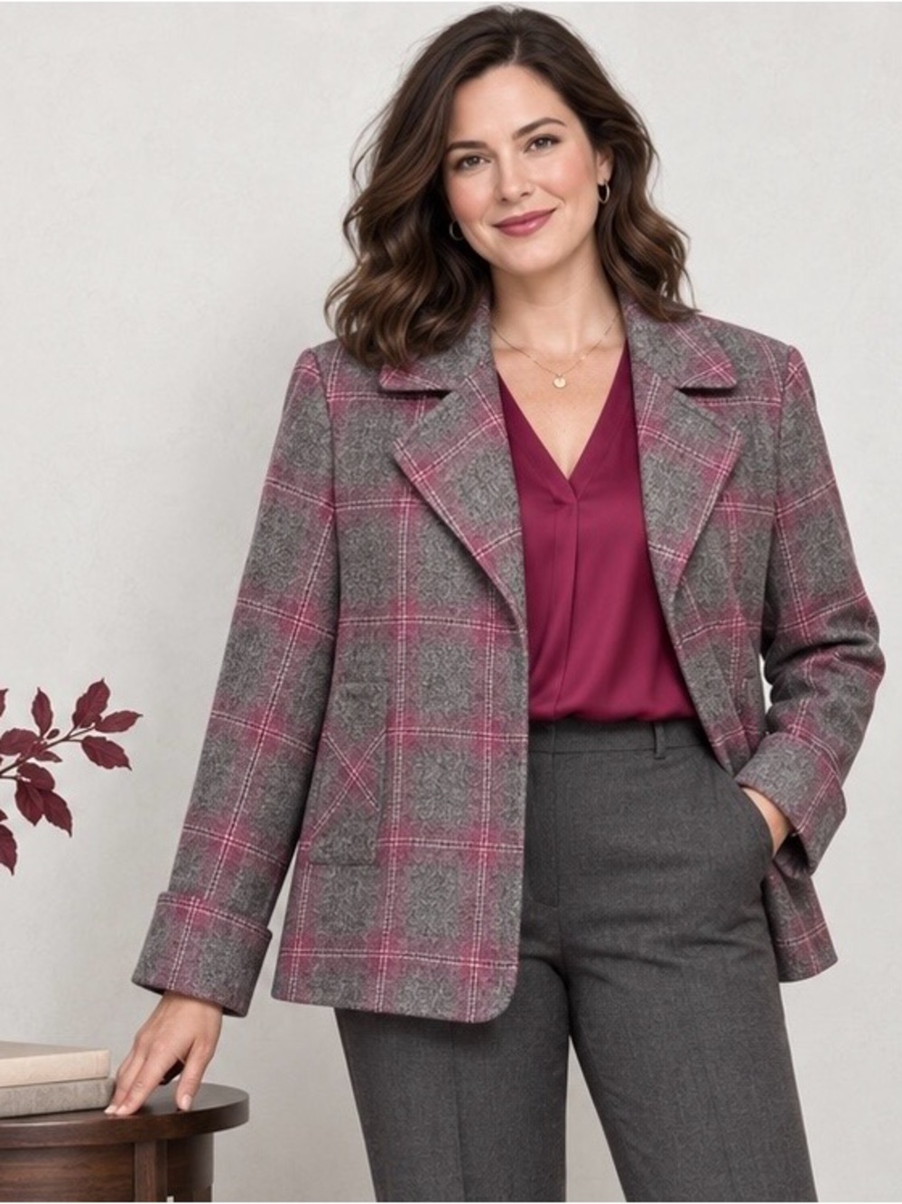 Talbots Wool Blend Magenta Purple Gray Plaid Boxy Blazer Jacket L
